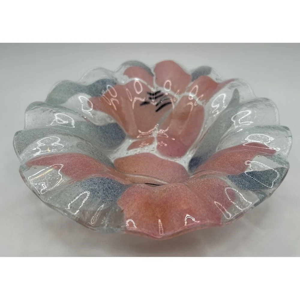 SYDENSTRICKER Fused Glass Fluted Small Bowl Pink Flowers Small Candy Dish‎ VTG